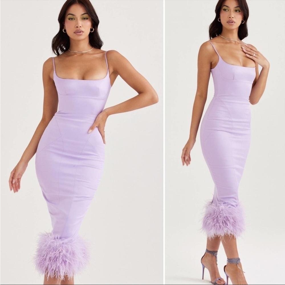 House of CB ‘Helena’ Orchid Satin Midi Dress with Feathered Trim NWOT